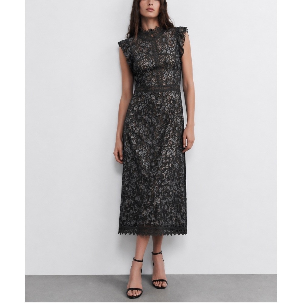 Zara Basic Lace Midi Dress Small Black Blue Mock Neck Ruffle Sheath Formal Goth